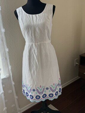 Talbots White Linen Embroidered Scalloped Hem Lined Tank Dress size 4P